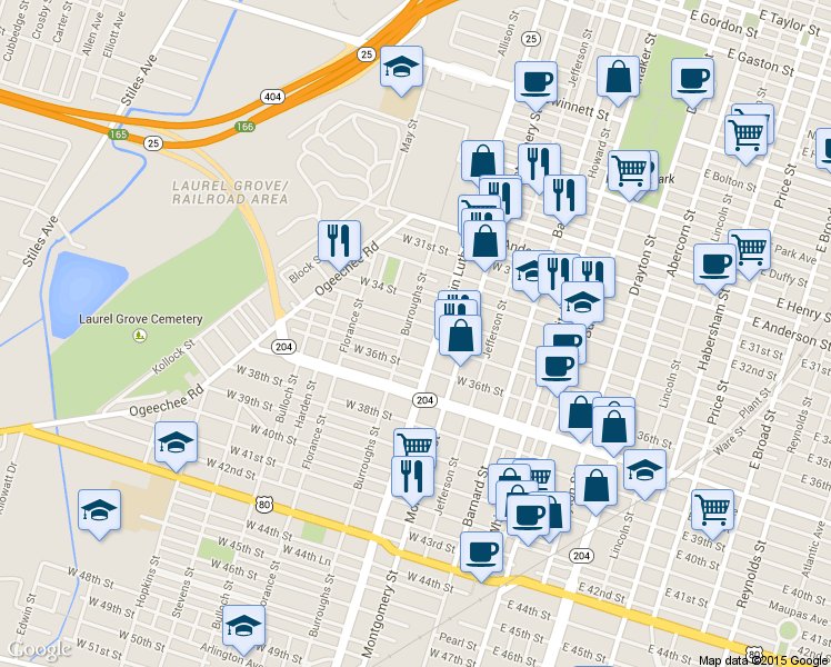 map of restaurants, bars, coffee shops, grocery stores, and more near 512 West 35th Street in Savannah