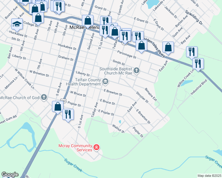map of restaurants, bars, coffee shops, grocery stores, and more near 35 East Brewton Street in McRae-Helena