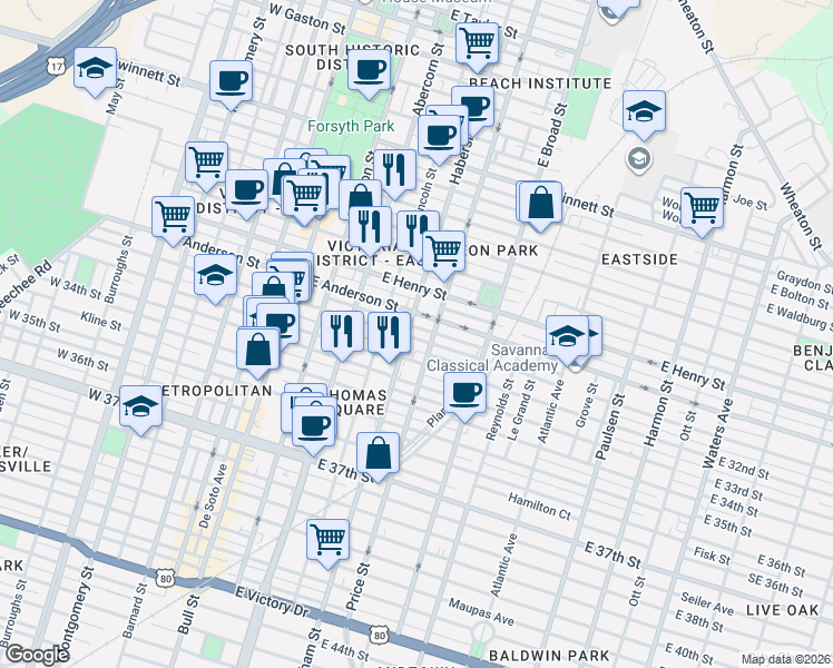 map of restaurants, bars, coffee shops, grocery stores, and more near 421 East Anderson Street in Savannah