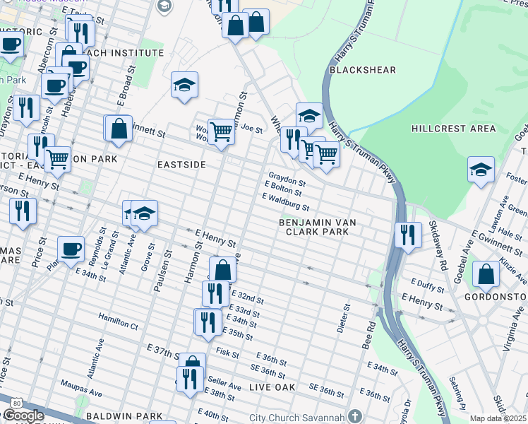 map of restaurants, bars, coffee shops, grocery stores, and more near 1125 East Waldburg Street in Savannah