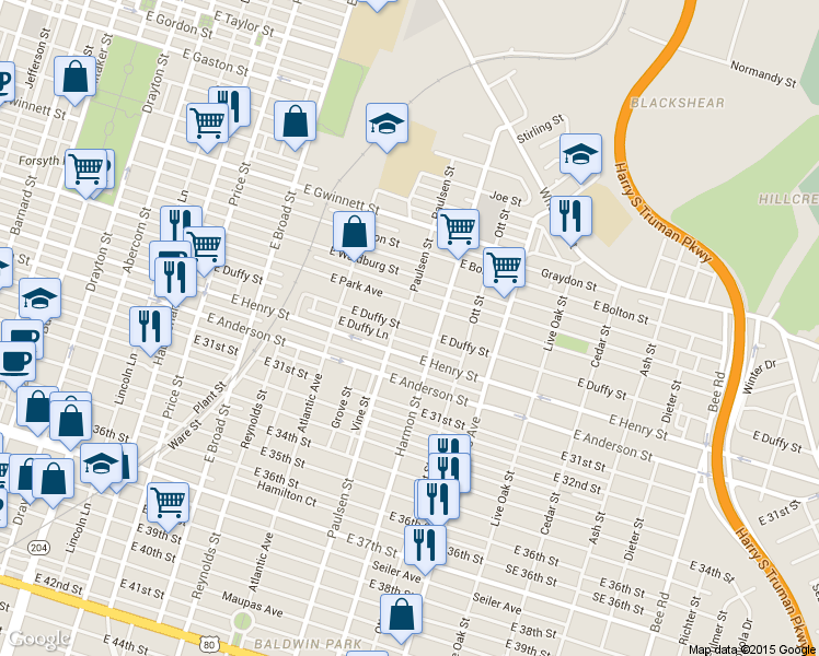 map of restaurants, bars, coffee shops, grocery stores, and more near 815 East Park Avenue in Savannah