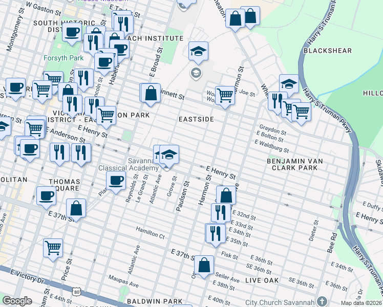 map of restaurants, bars, coffee shops, grocery stores, and more near 768 East Duffy Street in Savannah