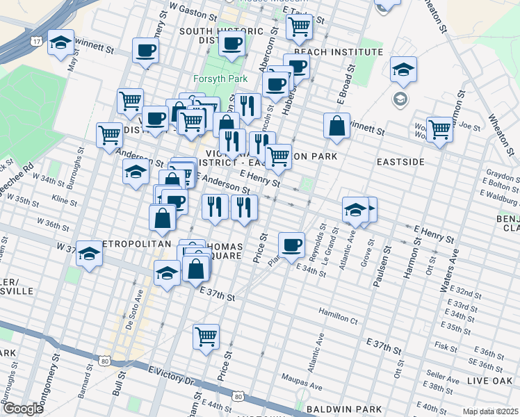 map of restaurants, bars, coffee shops, grocery stores, and more near 308 East 31st Street in Savannah
