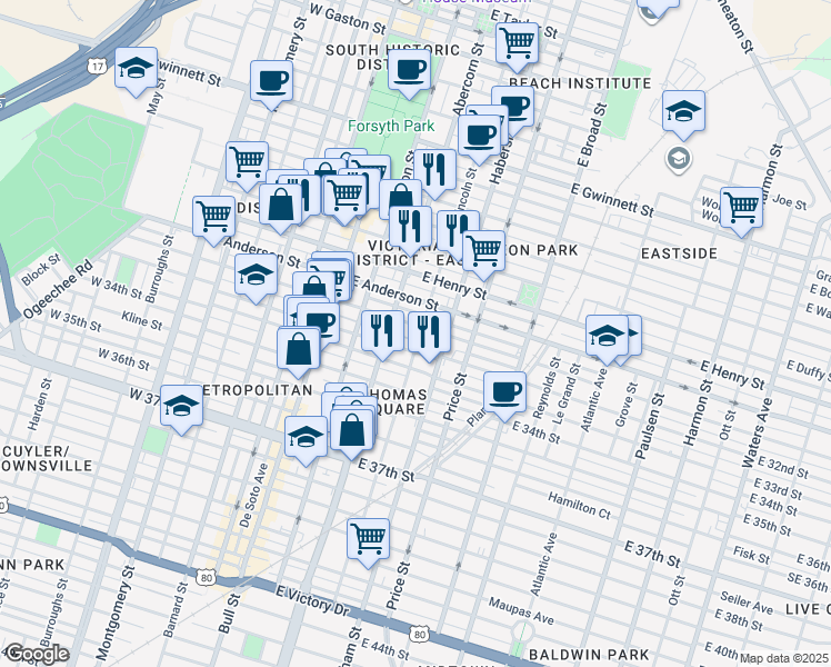 map of restaurants, bars, coffee shops, grocery stores, and more near 203 East 31st Street in Savannah
