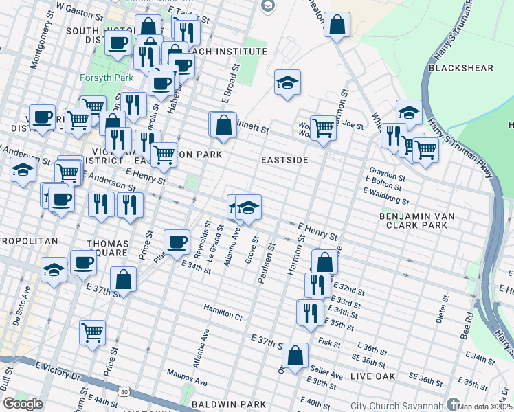 map of restaurants, bars, coffee shops, grocery stores, and more near 705 East Duffy Street in Savannah