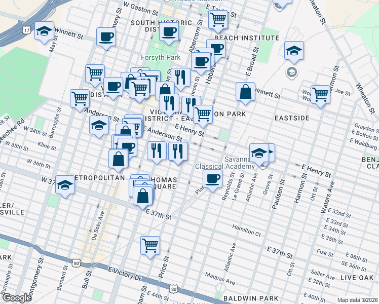 map of restaurants, bars, coffee shops, grocery stores, and more near 308 East 31st Street in Savannah