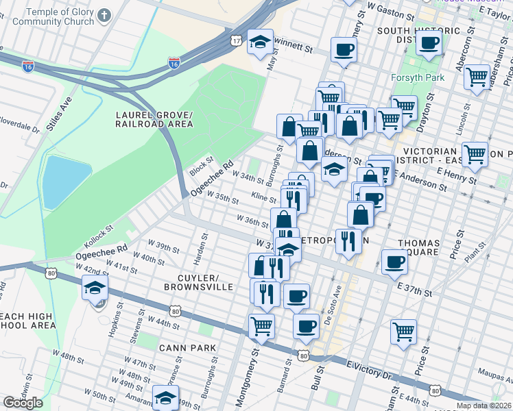 map of restaurants, bars, coffee shops, grocery stores, and more near 617 Kline Street in Savannah
