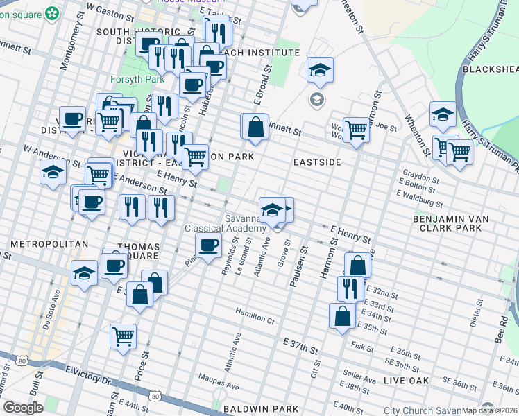 map of restaurants, bars, coffee shops, grocery stores, and more near 637 East Henry Street in Savannah