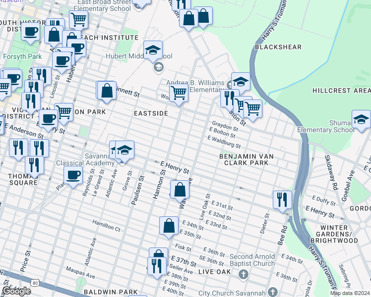 map of restaurants, bars, coffee shops, grocery stores, and more near 1001 East Park Avenue in Savannah
