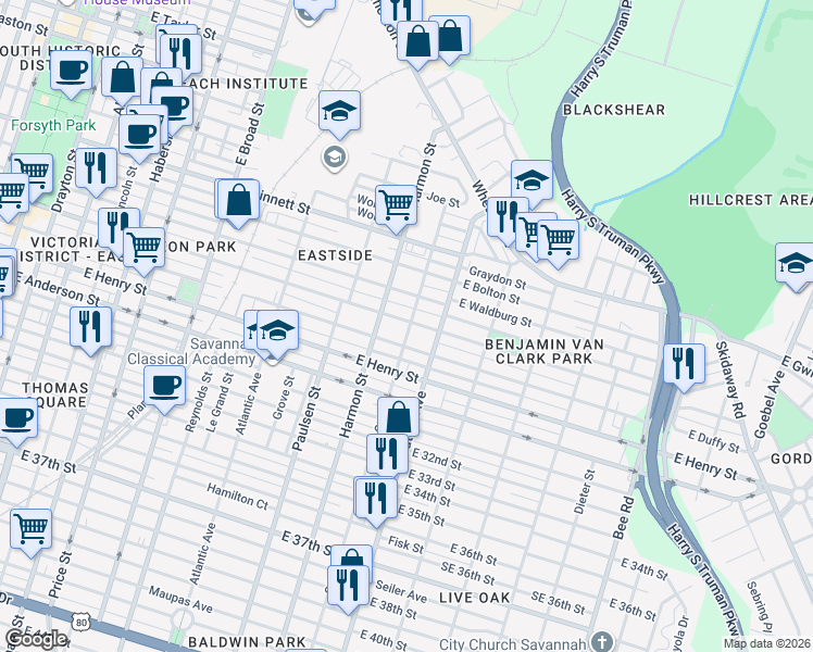 map of restaurants, bars, coffee shops, grocery stores, and more near 916 East Park Avenue in Savannah