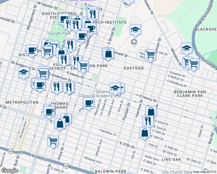 map of restaurants, bars, coffee shops, grocery stores, and more near 630 East Henry Street in Savannah