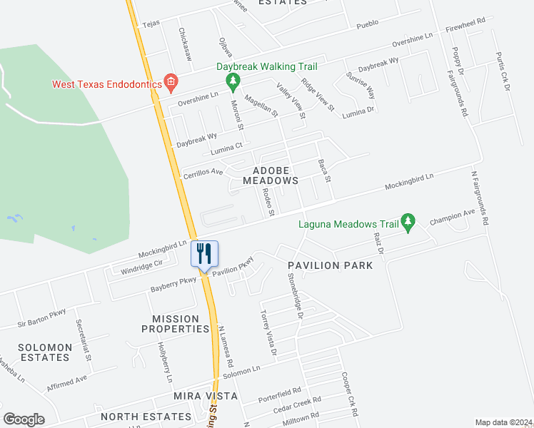 map of restaurants, bars, coffee shops, grocery stores, and more near 5601 Rodeo Street in Midland