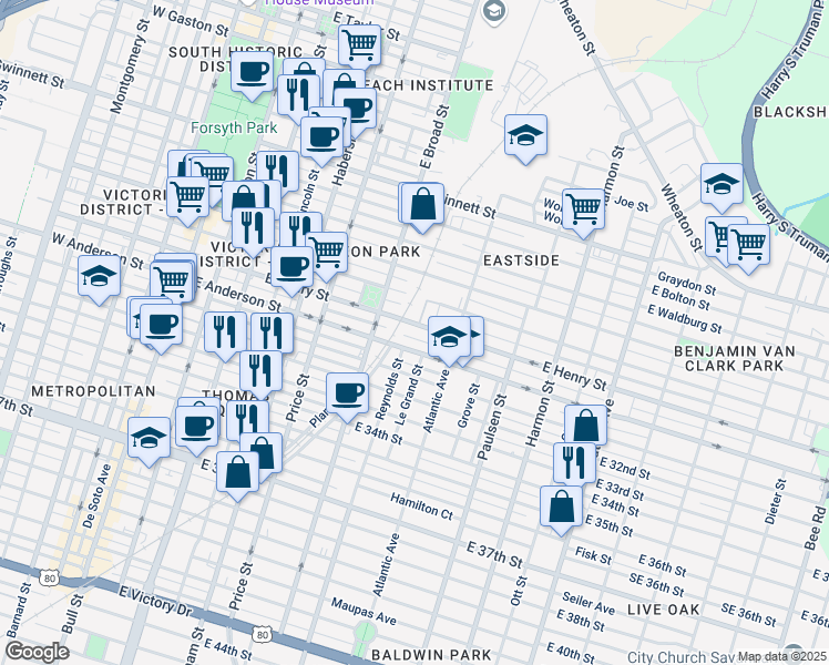 map of restaurants, bars, coffee shops, grocery stores, and more near 630 East Henry Street in Savannah