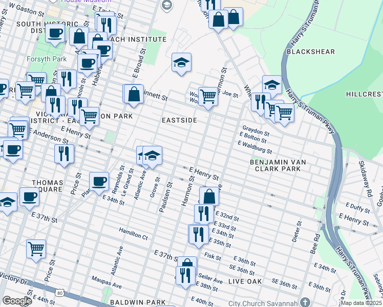 map of restaurants, bars, coffee shops, grocery stores, and more near 815 East Park Avenue in Savannah