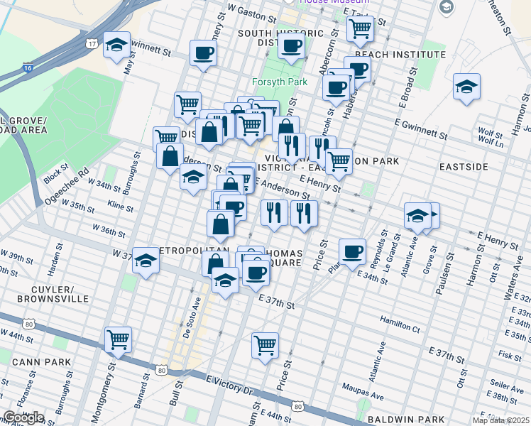 map of restaurants, bars, coffee shops, grocery stores, and more near 17 East 31st Street in Savannah