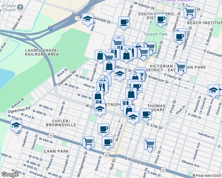 map of restaurants, bars, coffee shops, grocery stores, and more near 215 West 33rd Street in Savannah