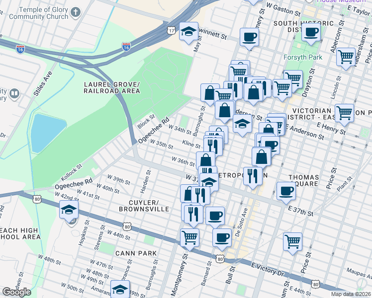 map of restaurants, bars, coffee shops, grocery stores, and more near 617 Kline Street in Savannah