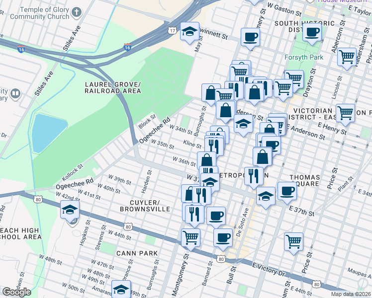 map of restaurants, bars, coffee shops, grocery stores, and more near 617 Kline Street in Savannah