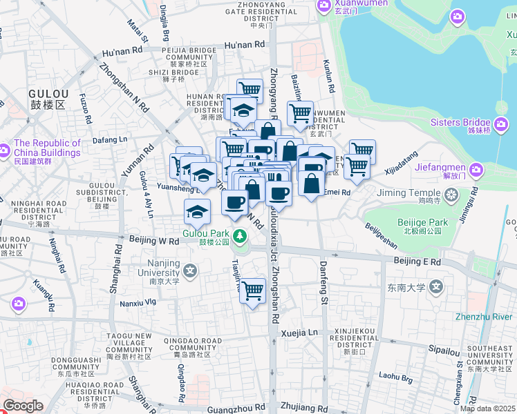 map of restaurants, bars, coffee shops, grocery stores, and more near Zhong Shan Bei Lu in Nan Jing Shi
