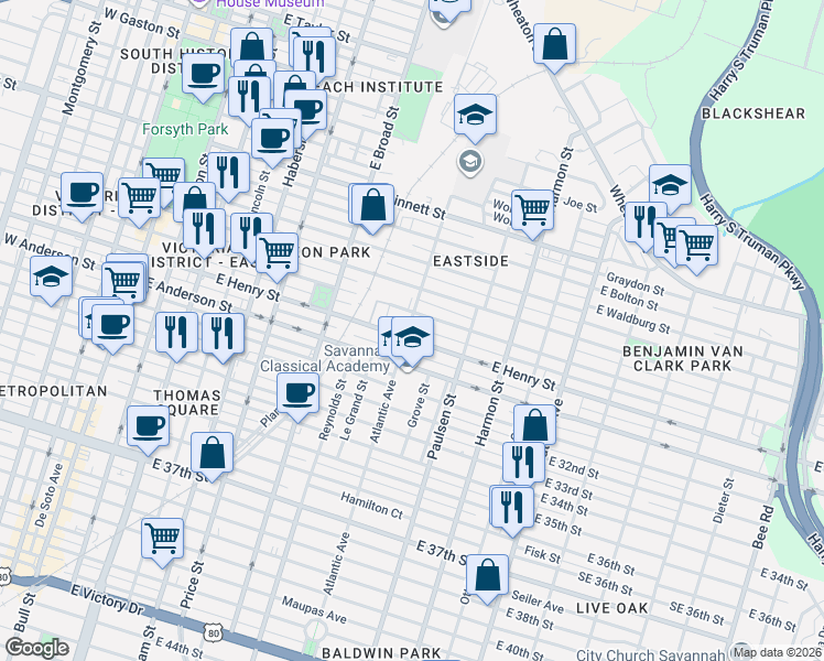 map of restaurants, bars, coffee shops, grocery stores, and more near 705 East Duffy Street in Savannah