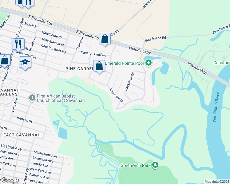 map of restaurants, bars, coffee shops, grocery stores, and more near 342 Manor Drive in Savannah