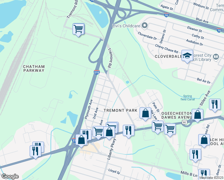 map of restaurants, bars, coffee shops, grocery stores, and more near 2008 Ford Avenue in Savannah