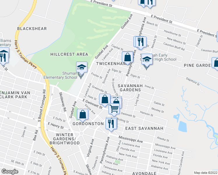 map of restaurants, bars, coffee shops, grocery stores, and more near 1806 Screven Place in Savannah