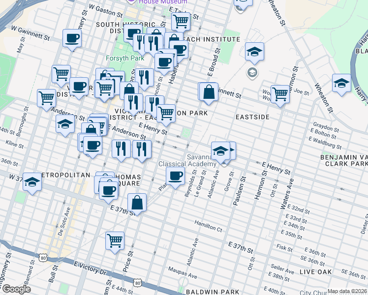 map of restaurants, bars, coffee shops, grocery stores, and more near 542 East Anderson Street in Savannah