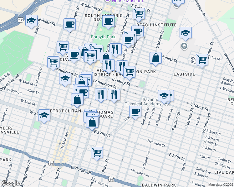 map of restaurants, bars, coffee shops, grocery stores, and more near 316 East 31st Street in Savannah