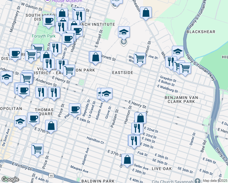 map of restaurants, bars, coffee shops, grocery stores, and more near 705 East Duffy Street in Savannah