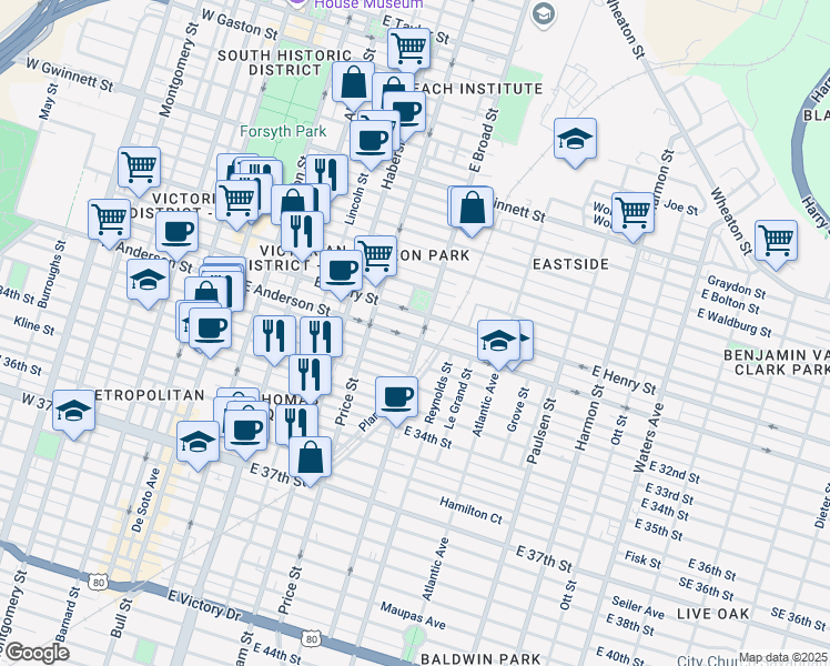 map of restaurants, bars, coffee shops, grocery stores, and more near 530 East Anderson Street in Savannah