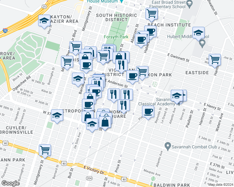 map of restaurants, bars, coffee shops, grocery stores, and more near 203 East 31st Street in Savannah
