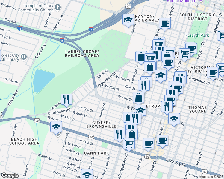 map of restaurants, bars, coffee shops, grocery stores, and more near 1826 Florance Street in Savannah