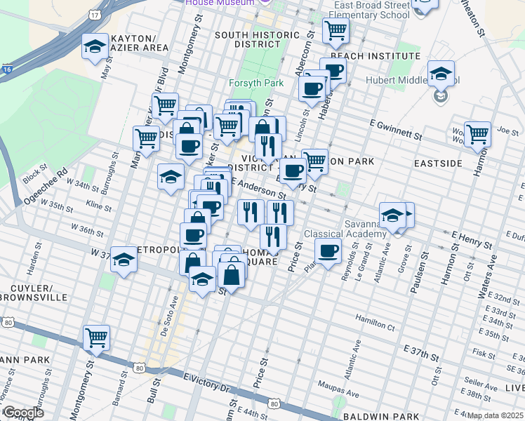 map of restaurants, bars, coffee shops, grocery stores, and more near 203 East 31st Street in Savannah