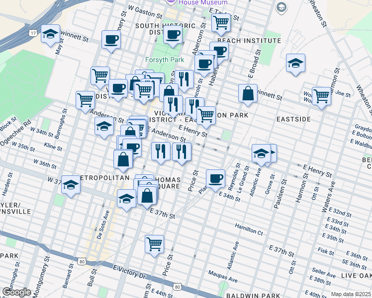 map of restaurants, bars, coffee shops, grocery stores, and more near 314 East 31st Street in Savannah