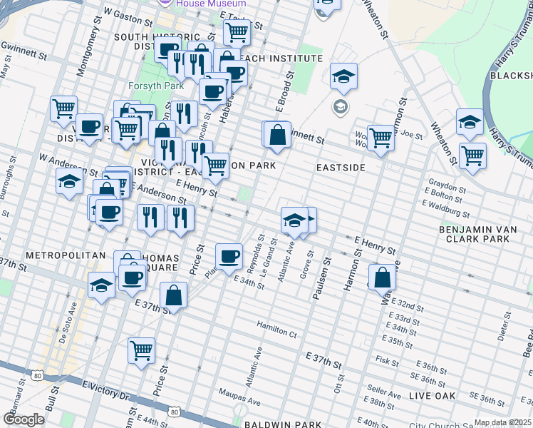 map of restaurants, bars, coffee shops, grocery stores, and more near 613 East Henry Street in Savannah