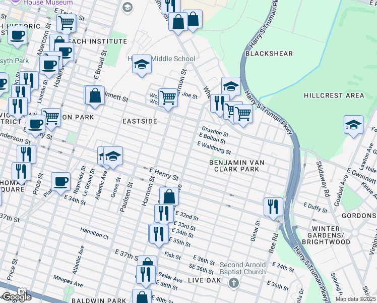 map of restaurants, bars, coffee shops, grocery stores, and more near 1015 Waters Avenue in Savannah