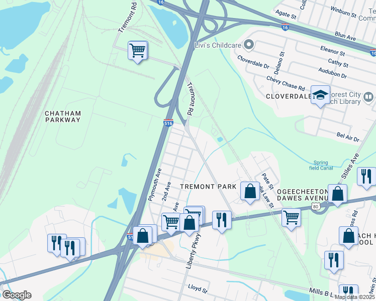 map of restaurants, bars, coffee shops, grocery stores, and more near 2008 Ford Avenue in Savannah