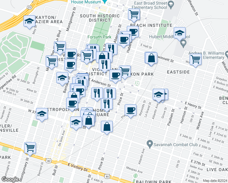 map of restaurants, bars, coffee shops, grocery stores, and more near 1415 Habersham Street in Savannah