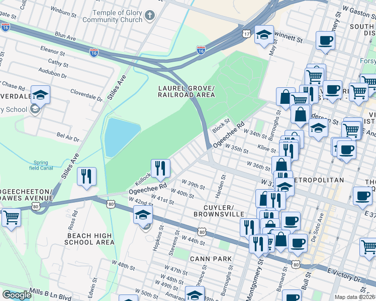 map of restaurants, bars, coffee shops, grocery stores, and more near 1027 West 37th Street in Savannah