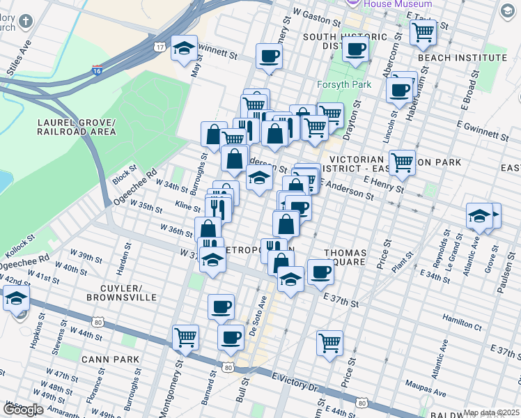 map of restaurants, bars, coffee shops, grocery stores, and more near 217 West 33rd Street in Savannah