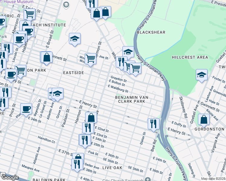 map of restaurants, bars, coffee shops, grocery stores, and more near 1125 East Waldburg Street in Savannah