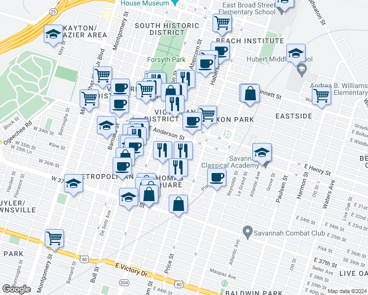 map of restaurants, bars, coffee shops, grocery stores, and more near 308 East 31st Street in Savannah