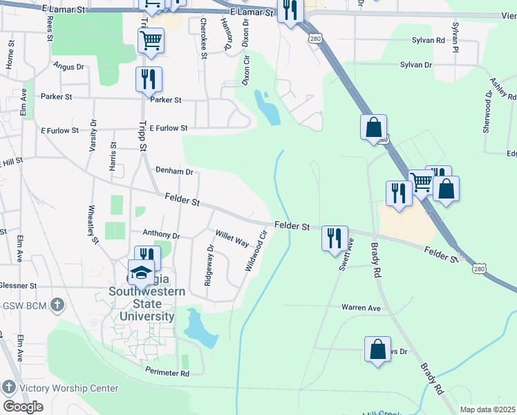 map of restaurants, bars, coffee shops, grocery stores, and more near 1137-1199 Felder Street in Americus