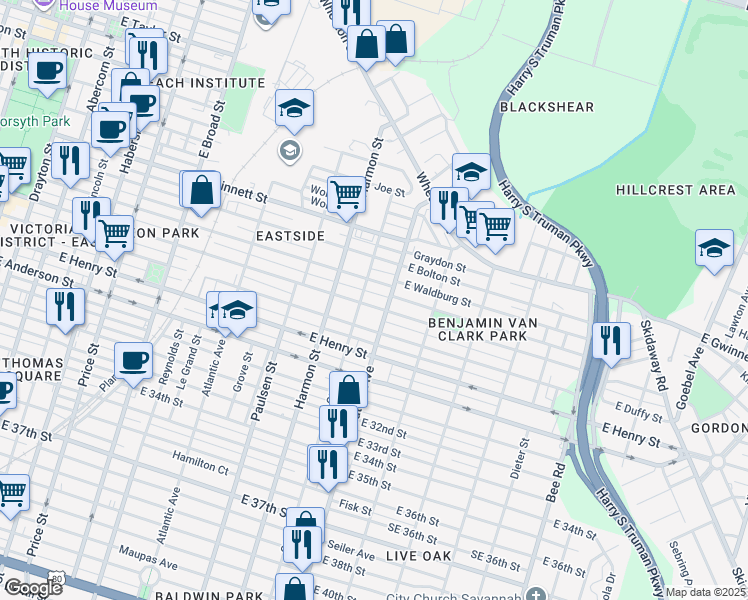 map of restaurants, bars, coffee shops, grocery stores, and more near 1015 Waters Avenue in Savannah
