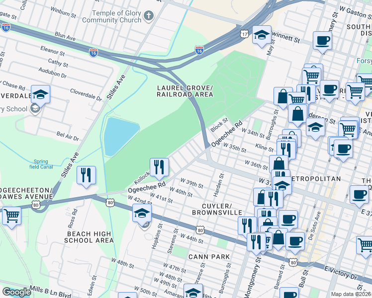 map of restaurants, bars, coffee shops, grocery stores, and more near 1027 West 37th Street in Savannah