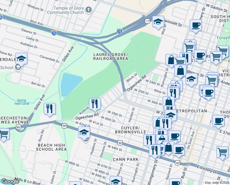 map of restaurants, bars, coffee shops, grocery stores, and more near 1027 West 37th Street in Savannah