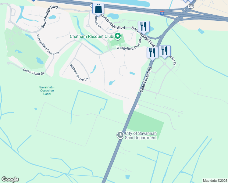 map of restaurants, bars, coffee shops, grocery stores, and more near 34 Myrtlewood Drive in Savannah