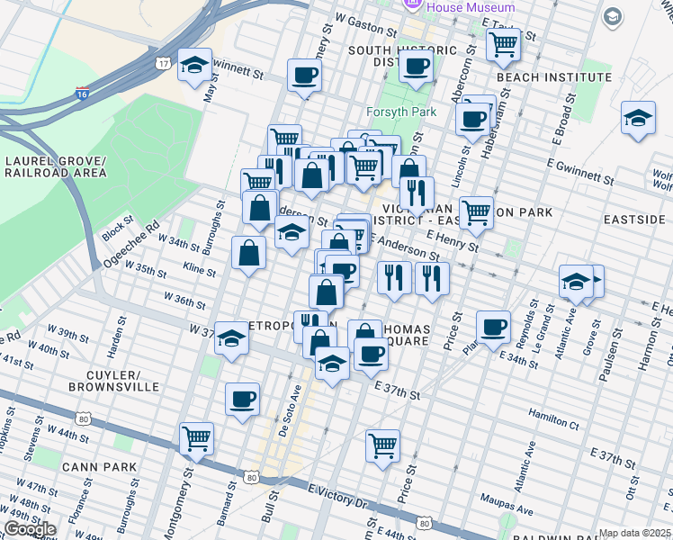 map of restaurants, bars, coffee shops, grocery stores, and more near 1523 Bull Street in Savannah