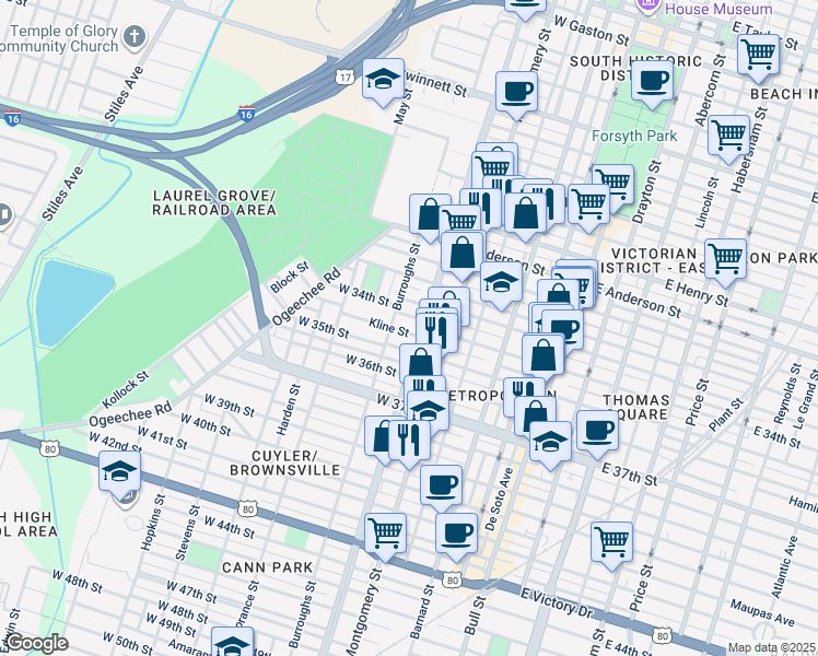 map of restaurants, bars, coffee shops, grocery stores, and more near 512 Kline Street in Savannah
